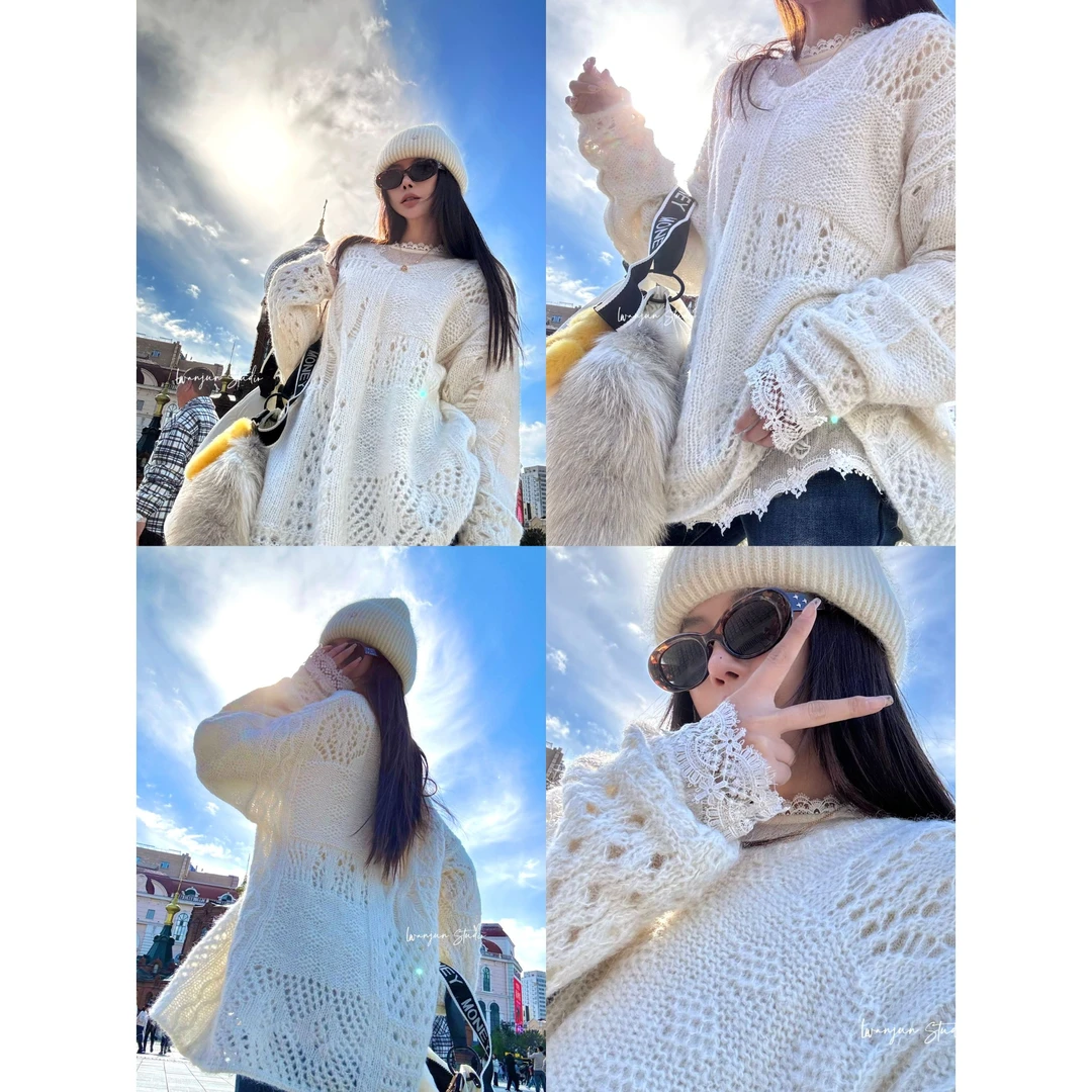 婉君【羊羊镂空毛衣】韩系气质镂空慵懒风针织毛衣LWJ24C3M2129