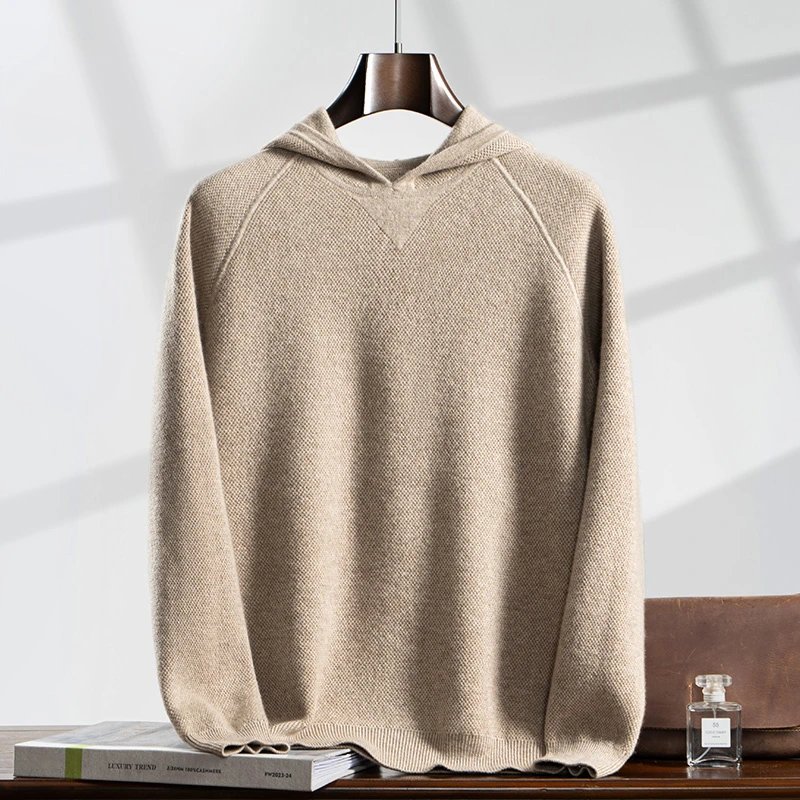 【上新特惠】针织610克纯山羊绒桂花针加厚连帽衫长袖卫衣打底套衫