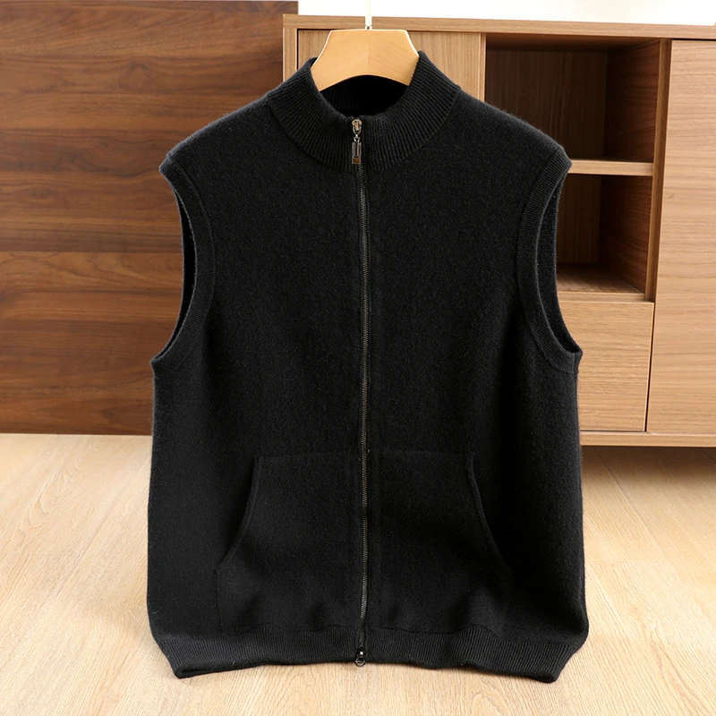 【不议价】男士精仿纯山羊绒针织无袖空气层夹丝连帽拉链带兜开衫