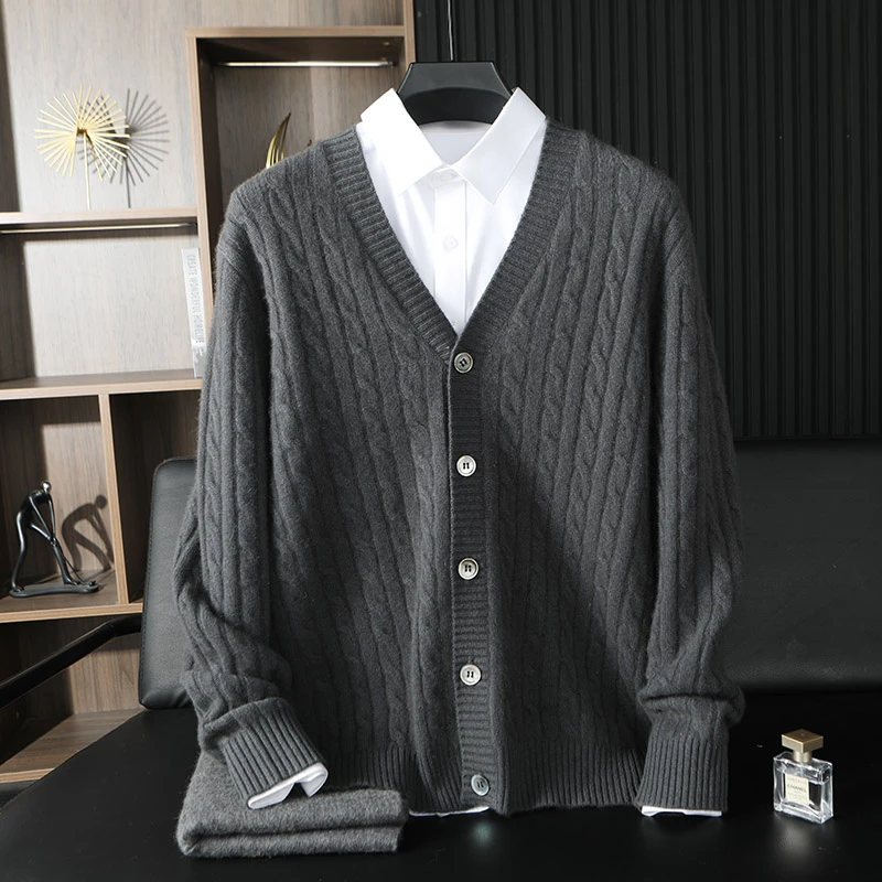 【不议价】男士纯山羊绒针织长袖插肩V领加厚款柔软百搭系扣开衫