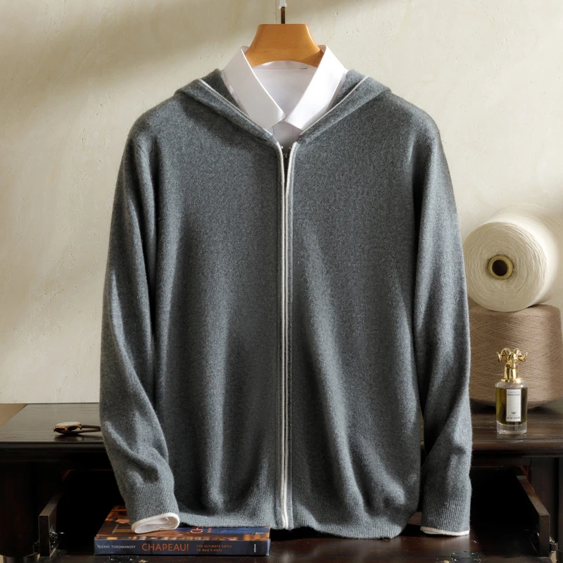 【不议价】男士360克纯山羊绒12针V领长袖休闲连帽百搭羊绒衫针织