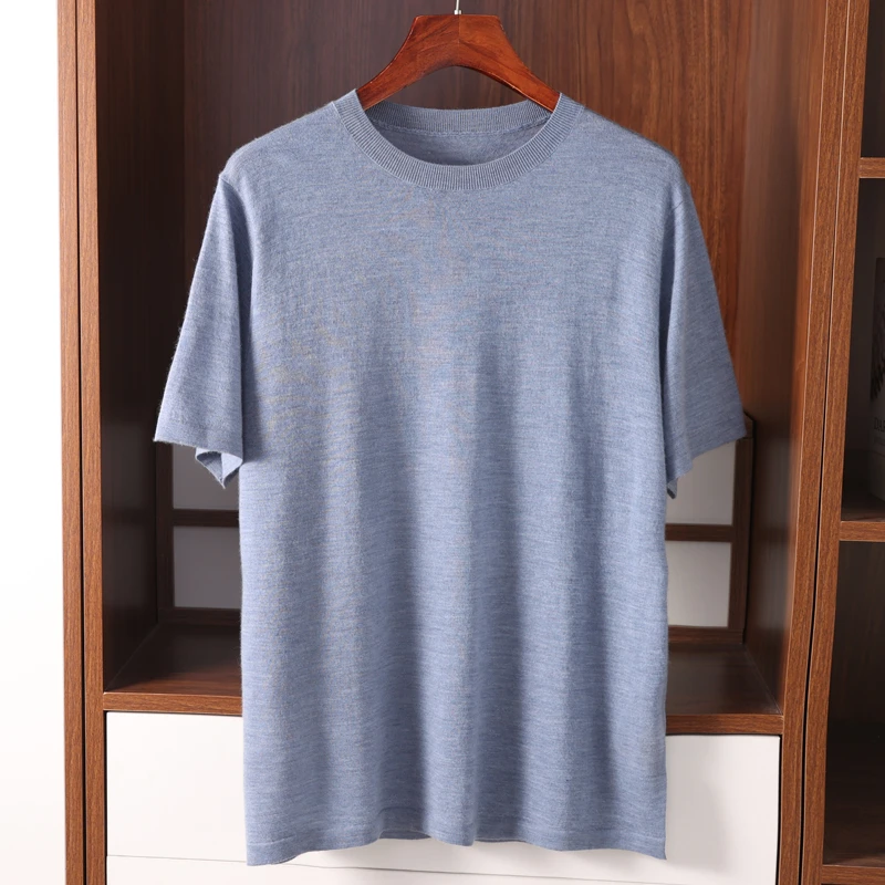 【不议价】男士精纺纯山羊绒针织短袖插肩圆领纯休闲薄款羊绒套衫