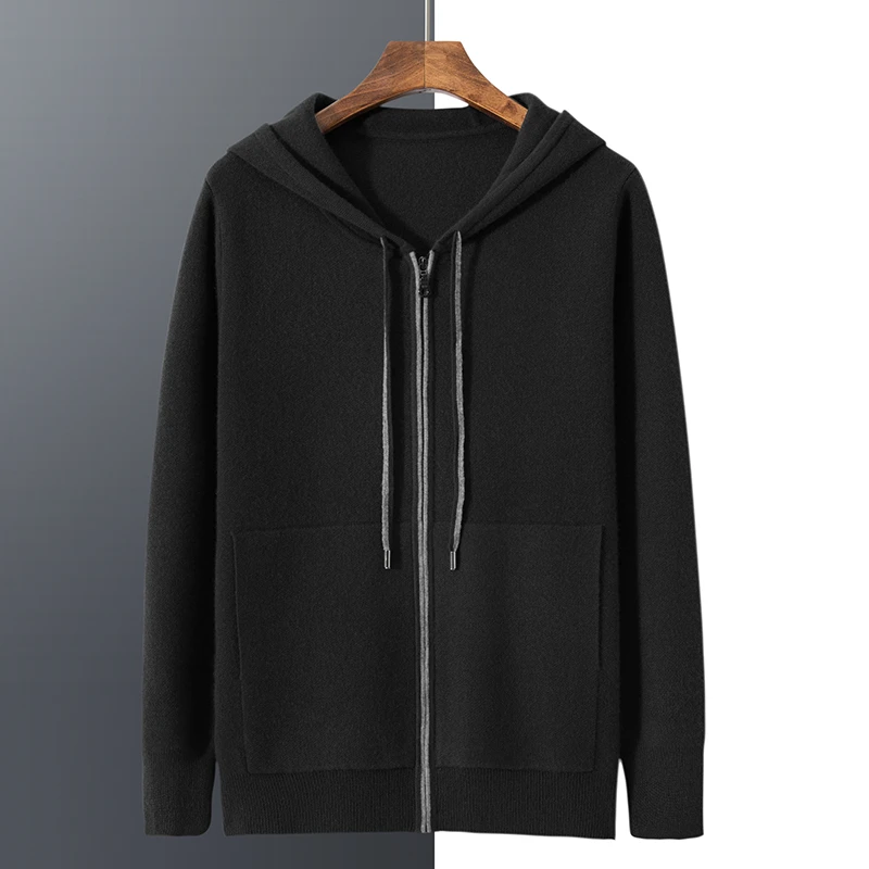 【上新特惠】男士纯山羊绒针织连帽拉链长袖纯休闲冬季打底开衫外套