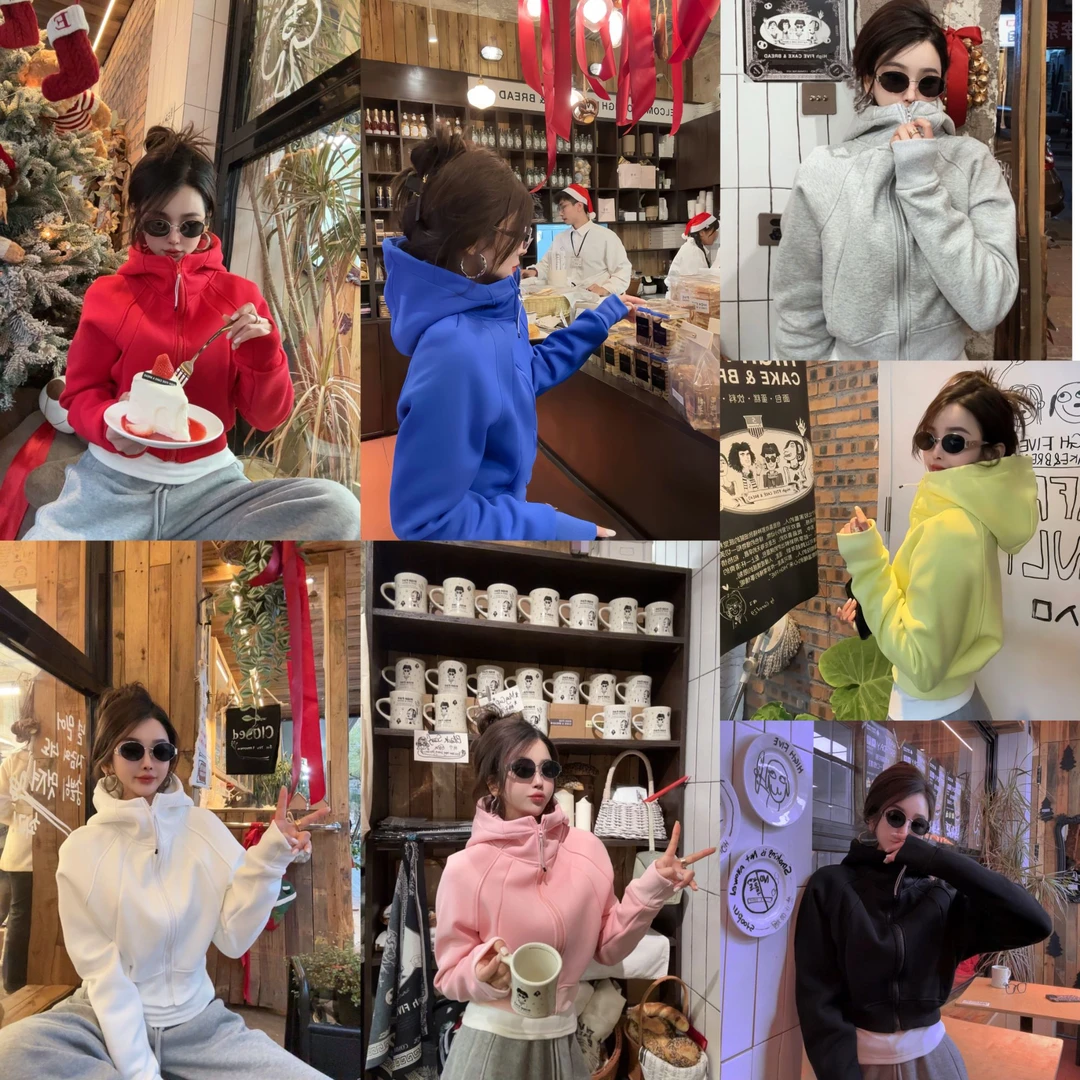 韩版冬季新款厚款连帽拉链卫衣外套保暖短款运动修身上衣