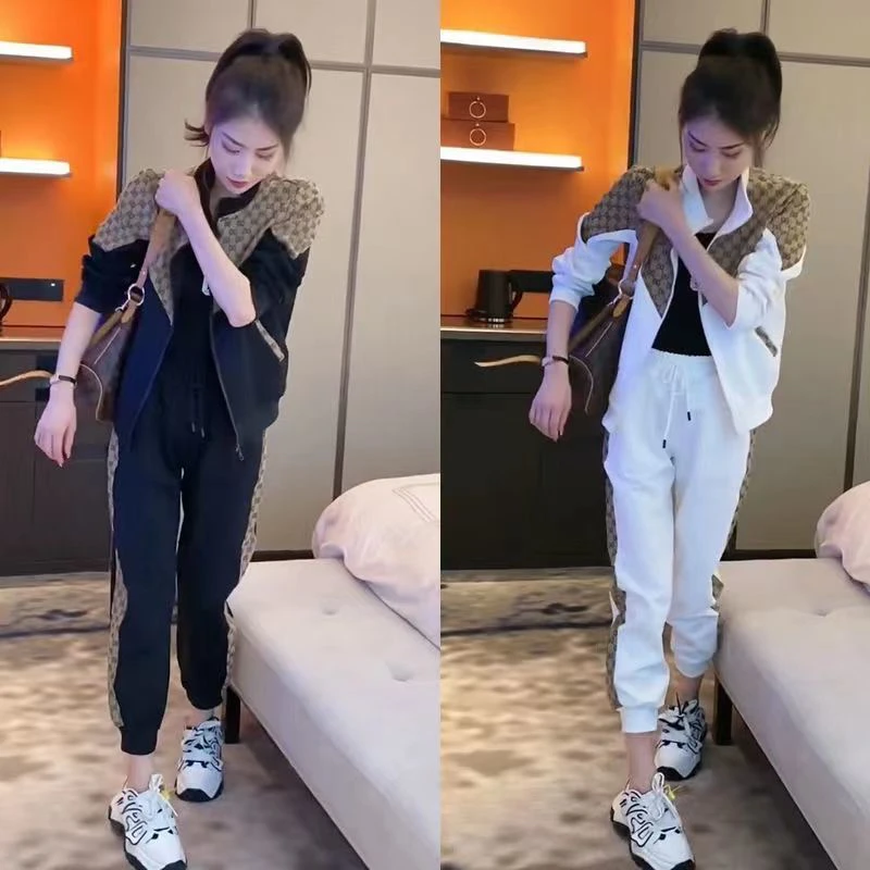 2025春季新款运动休闲套装女装时尚洋气百搭拼接服夹克立领两件套