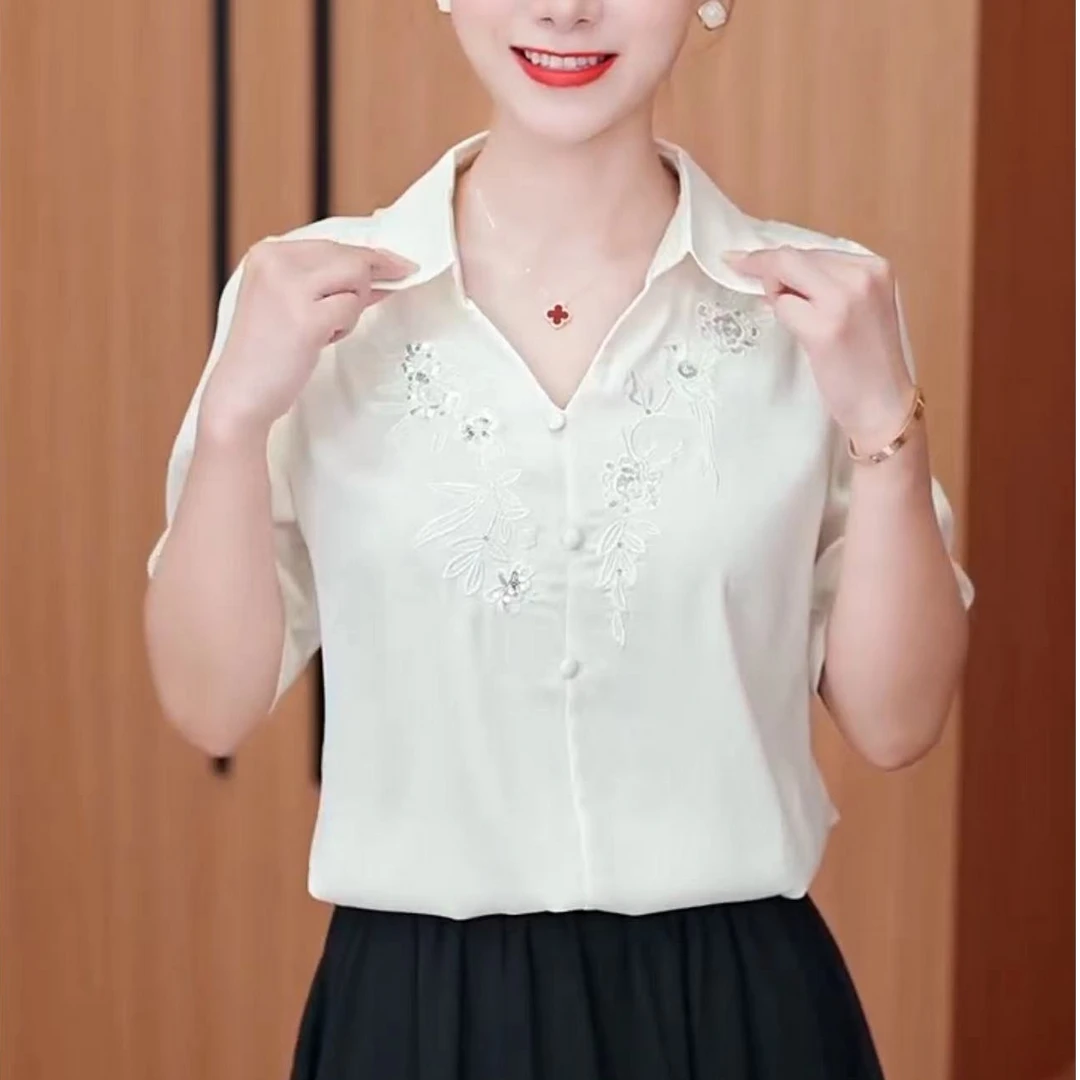 高档亮片绣花短袖套头衬衫女洋气大气百搭遮肚子时髦凉快垂坠小衫