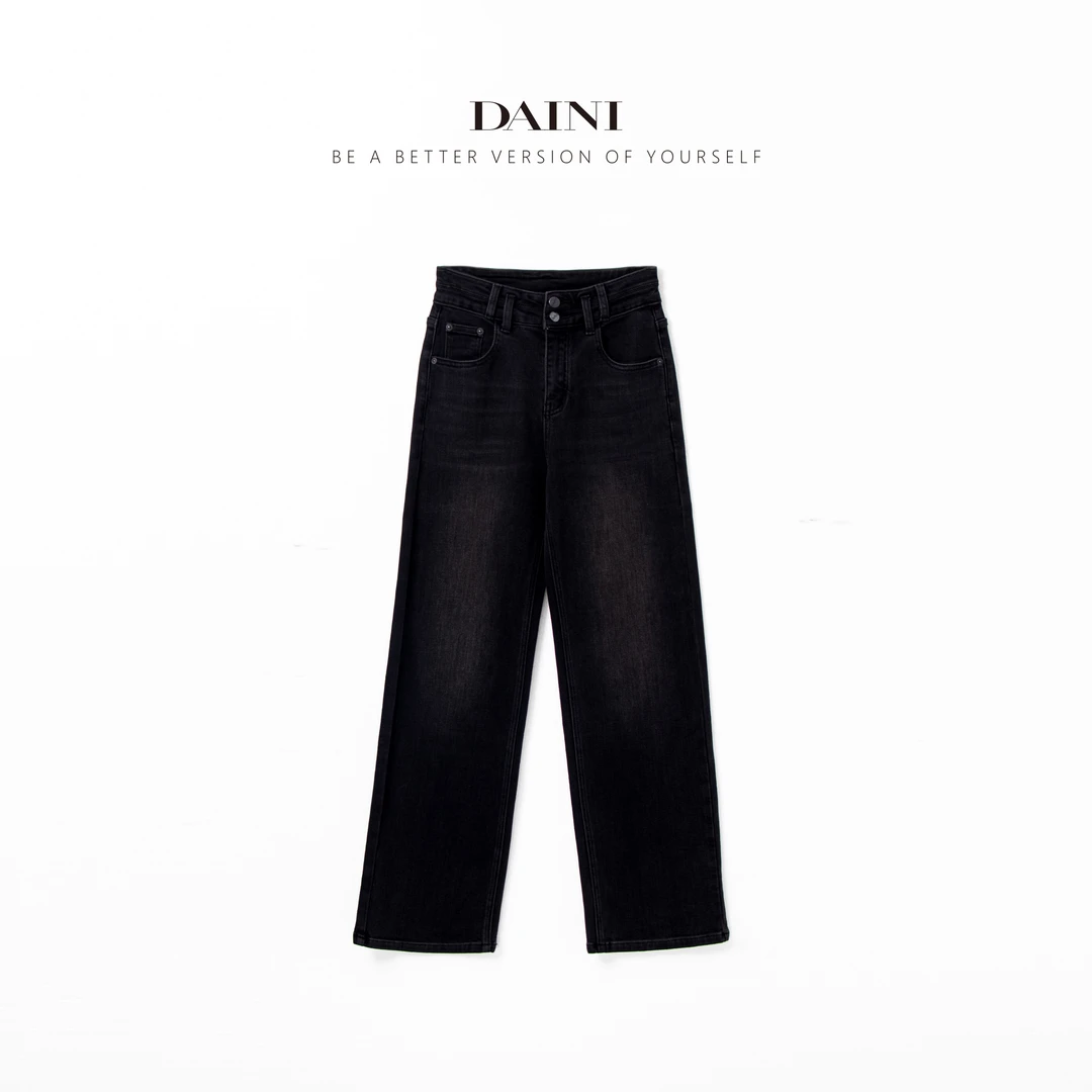 玳妮【两粒扣牛仔裤】秋季中高腰水不规则扣袢直筒裤休闲拖地牛仔裤