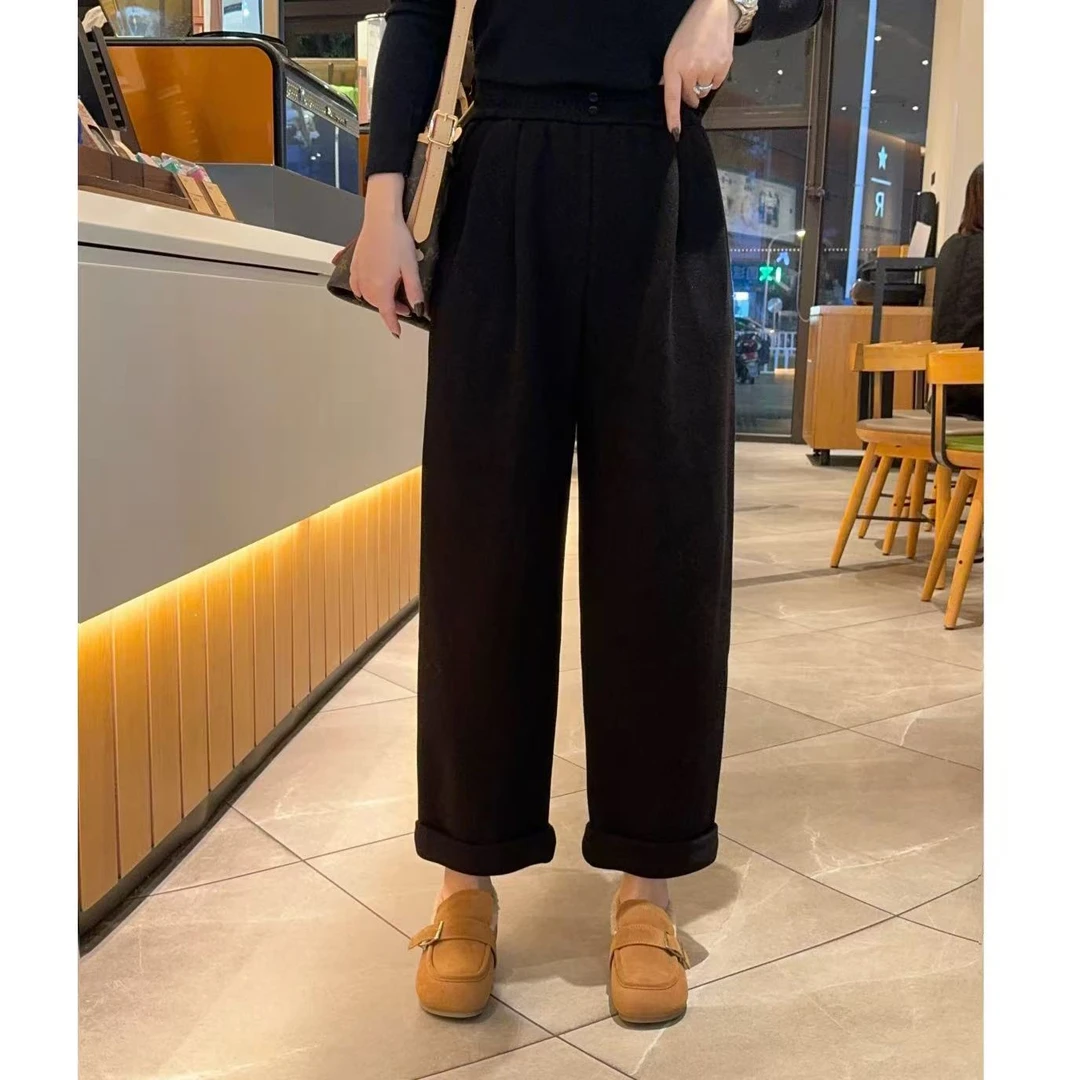 玳妮【加绒翻边奶奶裤】冬季 双扣松紧高腰百搭垮裤 压褶加厚休闲裤