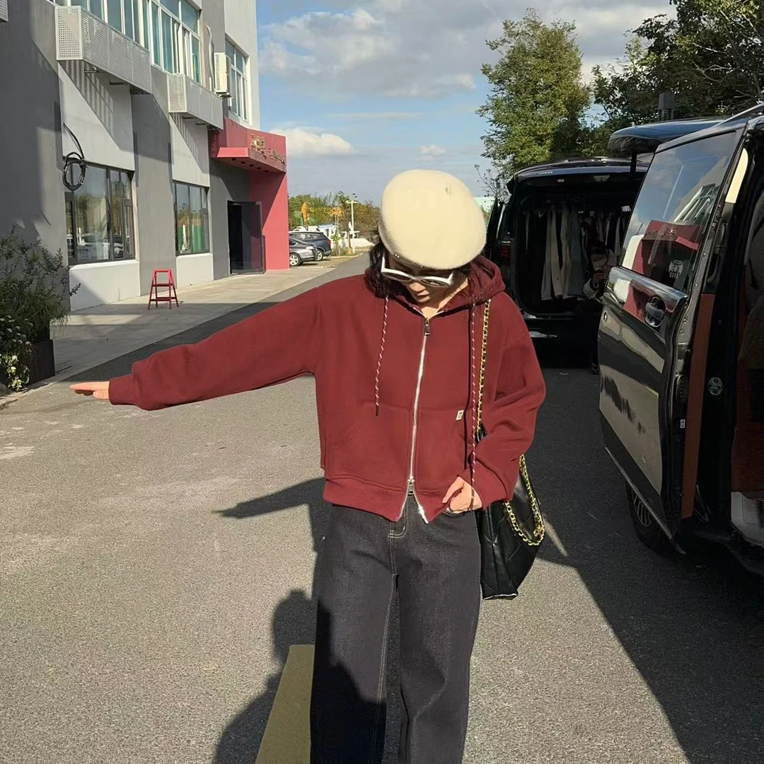 玳妮【袋鼠口袋外套】冬季 连帽运动加绒休闲卫衣外套 拉链时尚外套