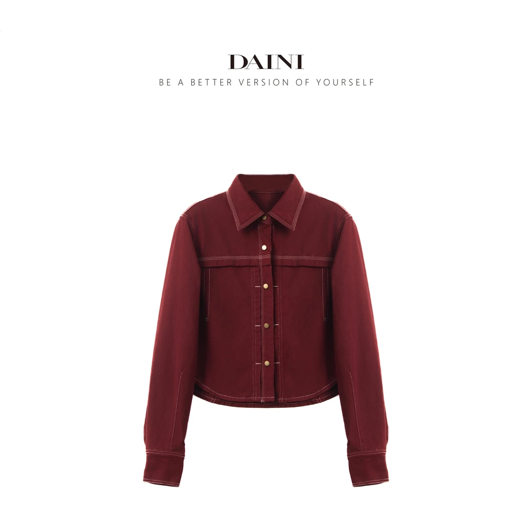 玳妮【明线外套】秋季 翻领金属扣斜纹肌理衬衣 短款休闲设计师衬衫