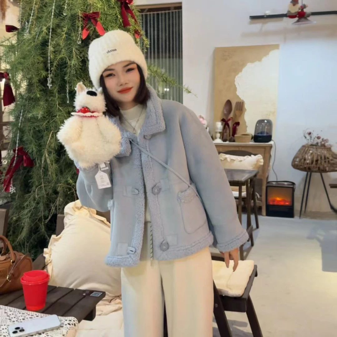 玳妮【手机包皮毛一体】冬季立领单排扣马卡龙色系外罩方口袋短外套