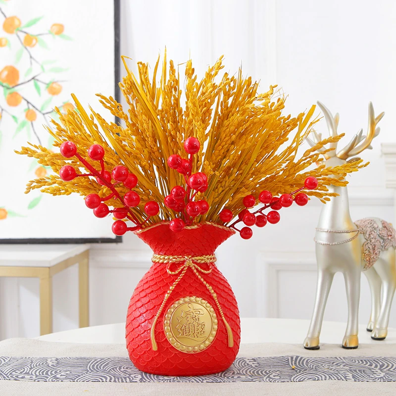 发财果黄金稻水稻原色客厅红福袋摆件仿真花干花乔迁喜庆装饰