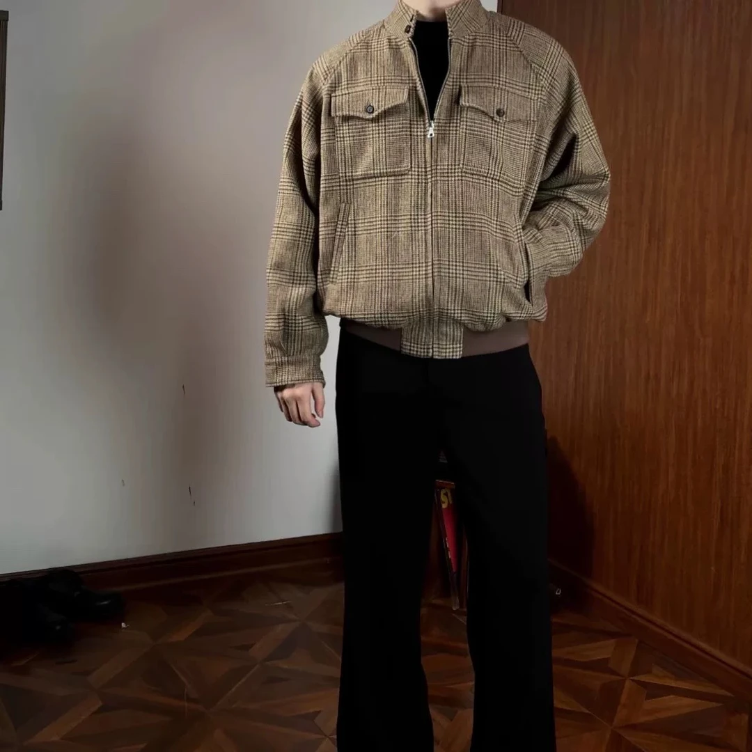 Oclin威尔士亲王千鸟格哈灵顿羊毛夹克短宽立体剪裁 48%羊毛