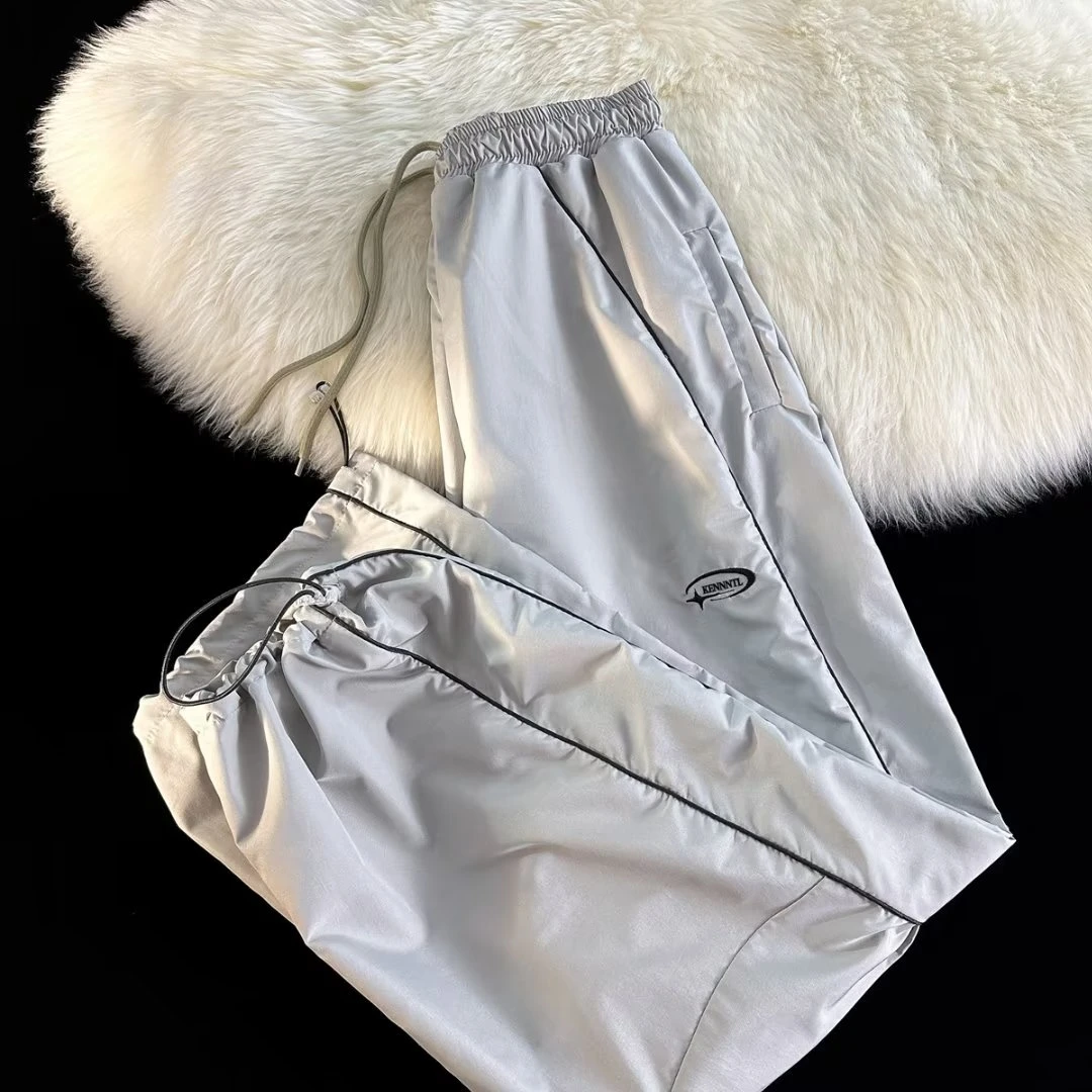 ins复古拼接直筒运动裤男潮牌宽松阔腿机能抽绳束脚降落伞长裤男