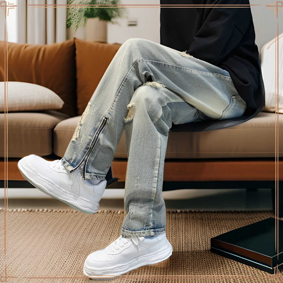 韩版男春秋欧美高街直筒休闲长裤潮牌修身小脚裤子破洞补丁牛仔裤