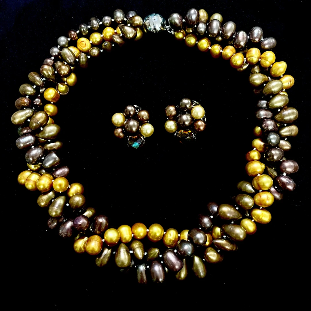 非金属仿珍珠项链 三色海真珠珠项链+Japan打标琉璃珠珠耳夹套装