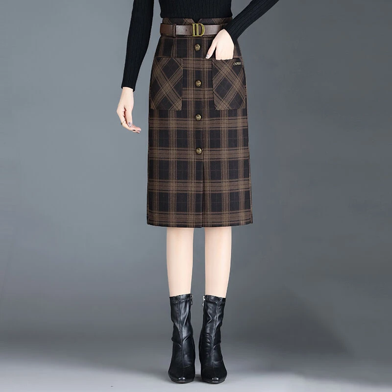 格子毛呢中裙女秋冬2025年新款高腰显瘦包臀半身裙中长款一步冬裙