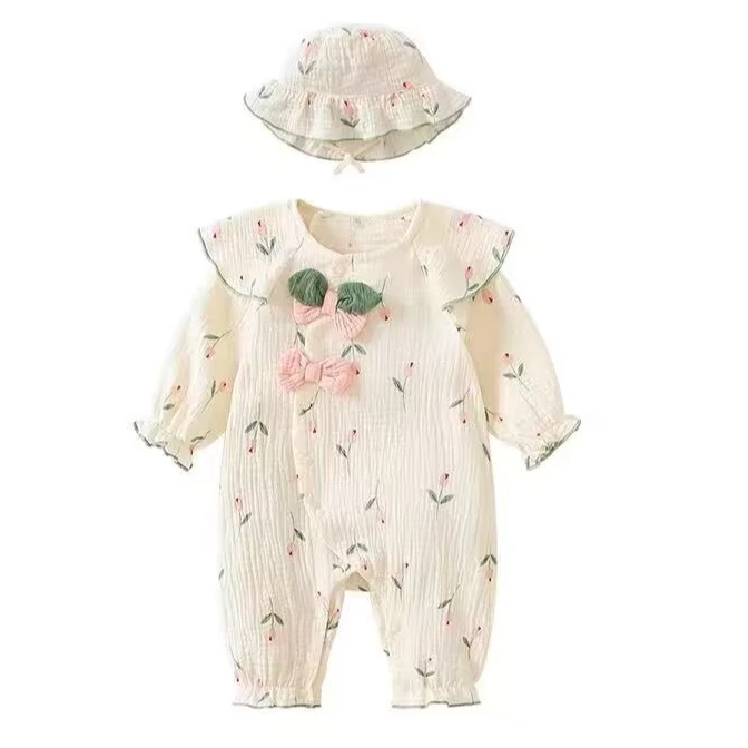 可爱郁金香女宝宝春秋连体包屁衣哈衣满月白天外出服公主印花