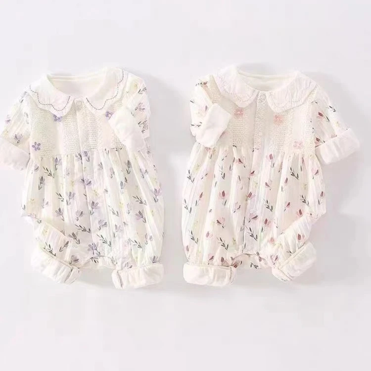 碎花女宝宝春秋连体衣哈衣满月百天周岁外出服婴儿爬爬服公主印花