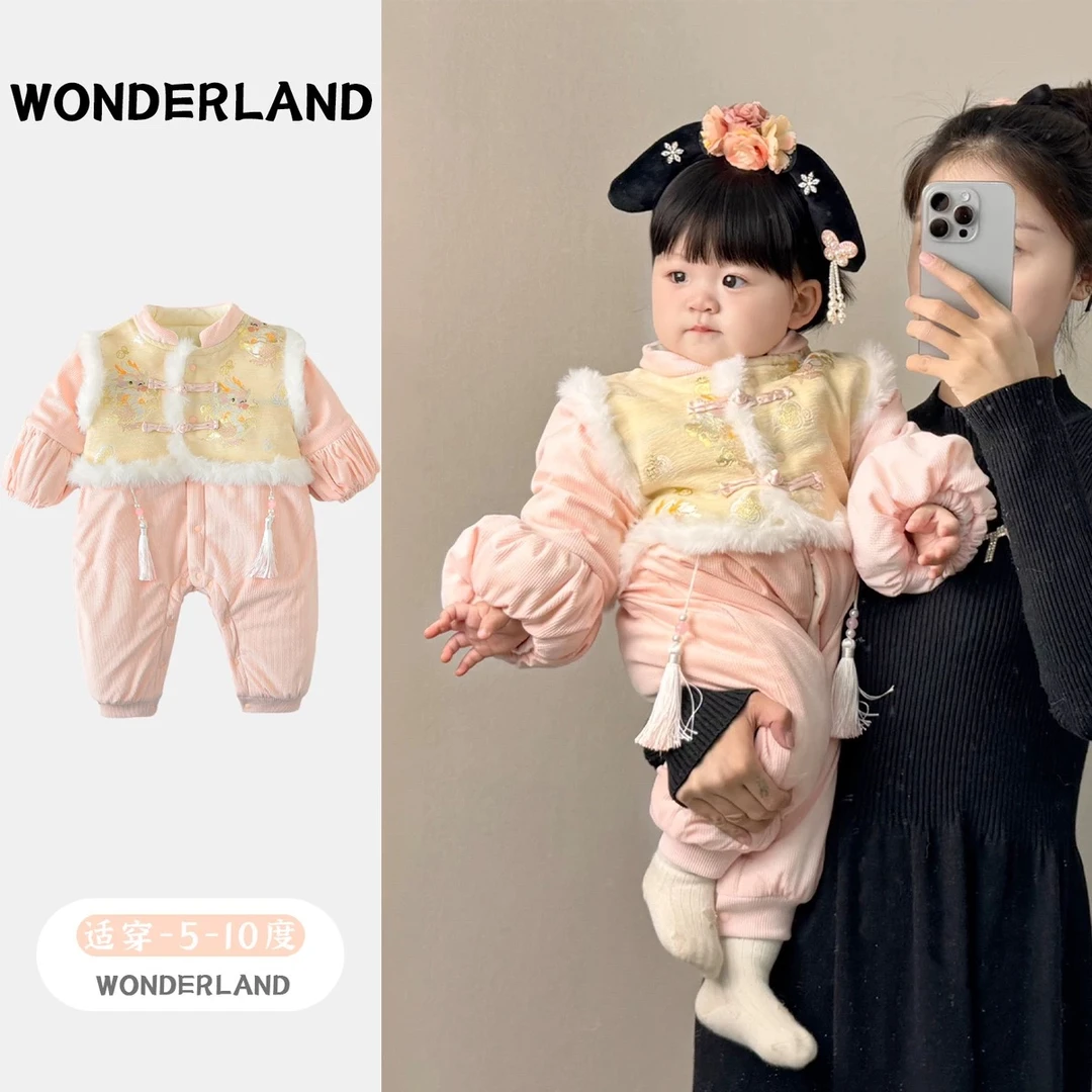 中国风婴儿冬装加绒加厚宝宝连体衣冬外出满月百天拜年周岁礼服