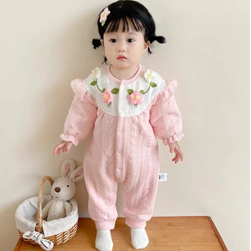暖暖小花朵女宝宝春秋连体衣双层刺绣幼儿甜美外出服满月百天周岁