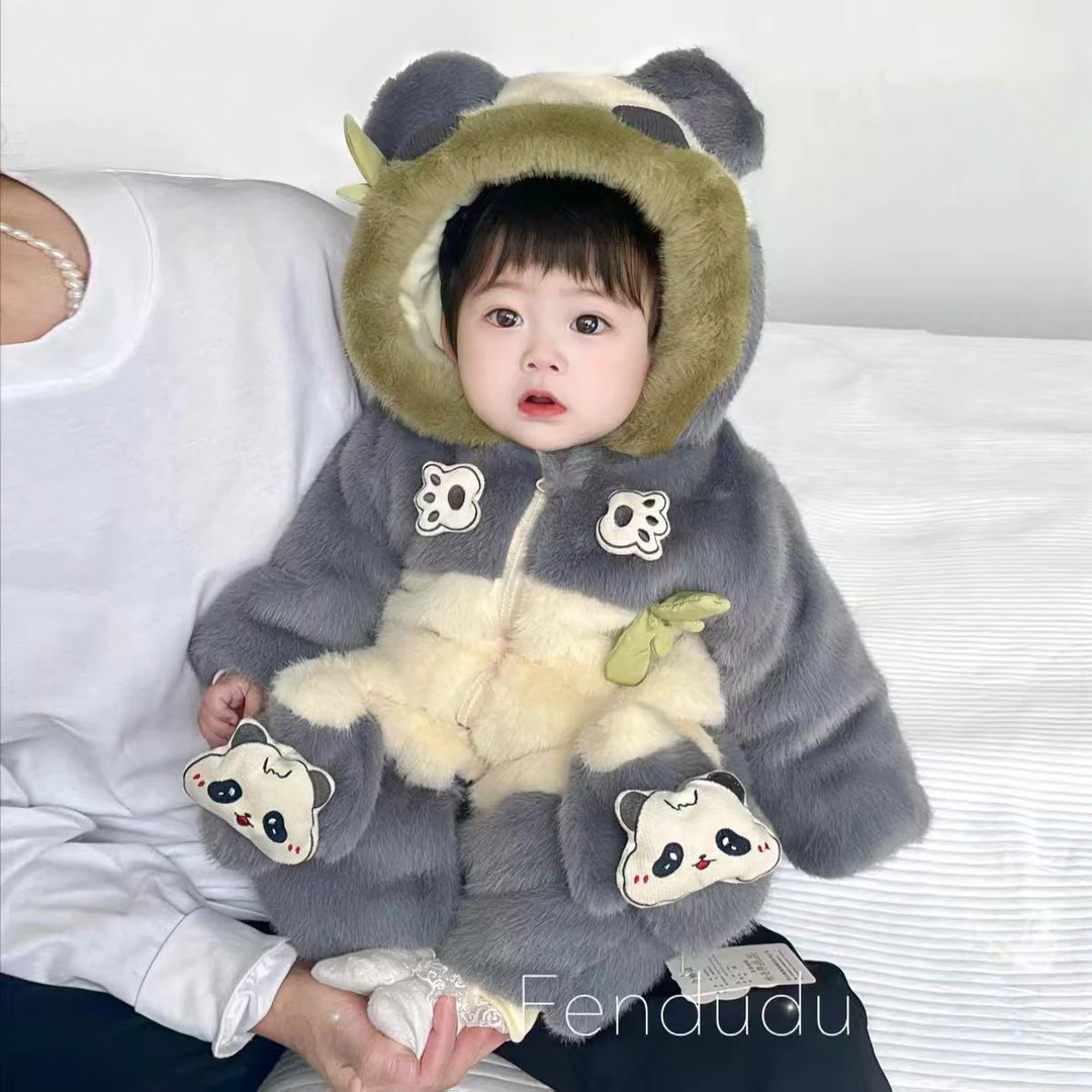 小熊喵仿雕感毛毛衣婴儿连体衣哈衣加厚周岁宝宝百天衣服薄棉款