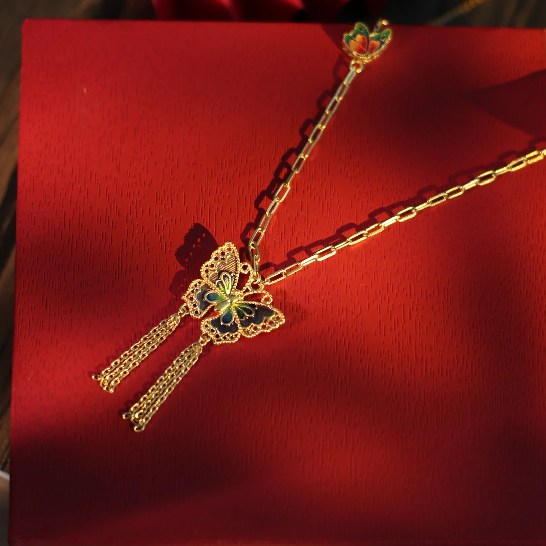 金色沙滩古法金黄金珐琅彩蝴蝶时尚轻奢足金套链