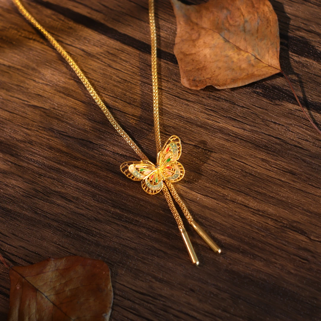 金色沙滩古法金【福叠】黄金珐琅彩蝴蝶 项链可抽拉 足金套链