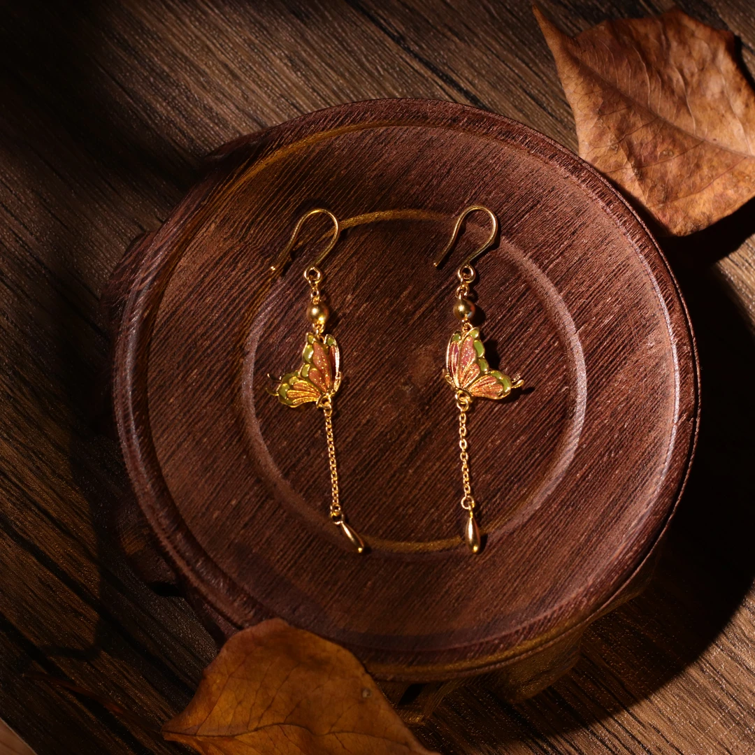 719/克【翩翩蝶舞】古法金黄金珐琅彩蝴蝶流苏足金耳饰耳钩