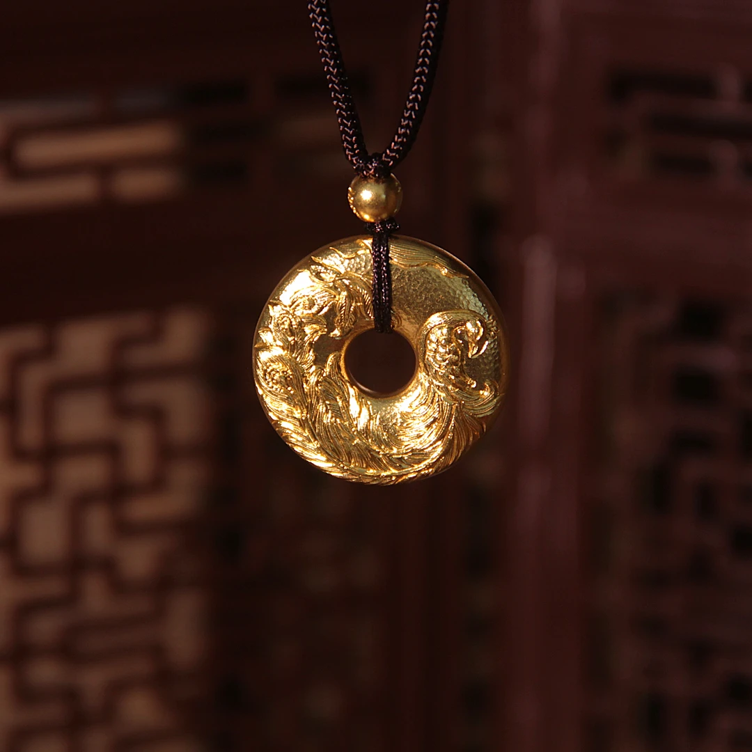 669/克古法金黄金凤凰涅槃圆盘平安扣手工錾刻足金挂坠吊坠