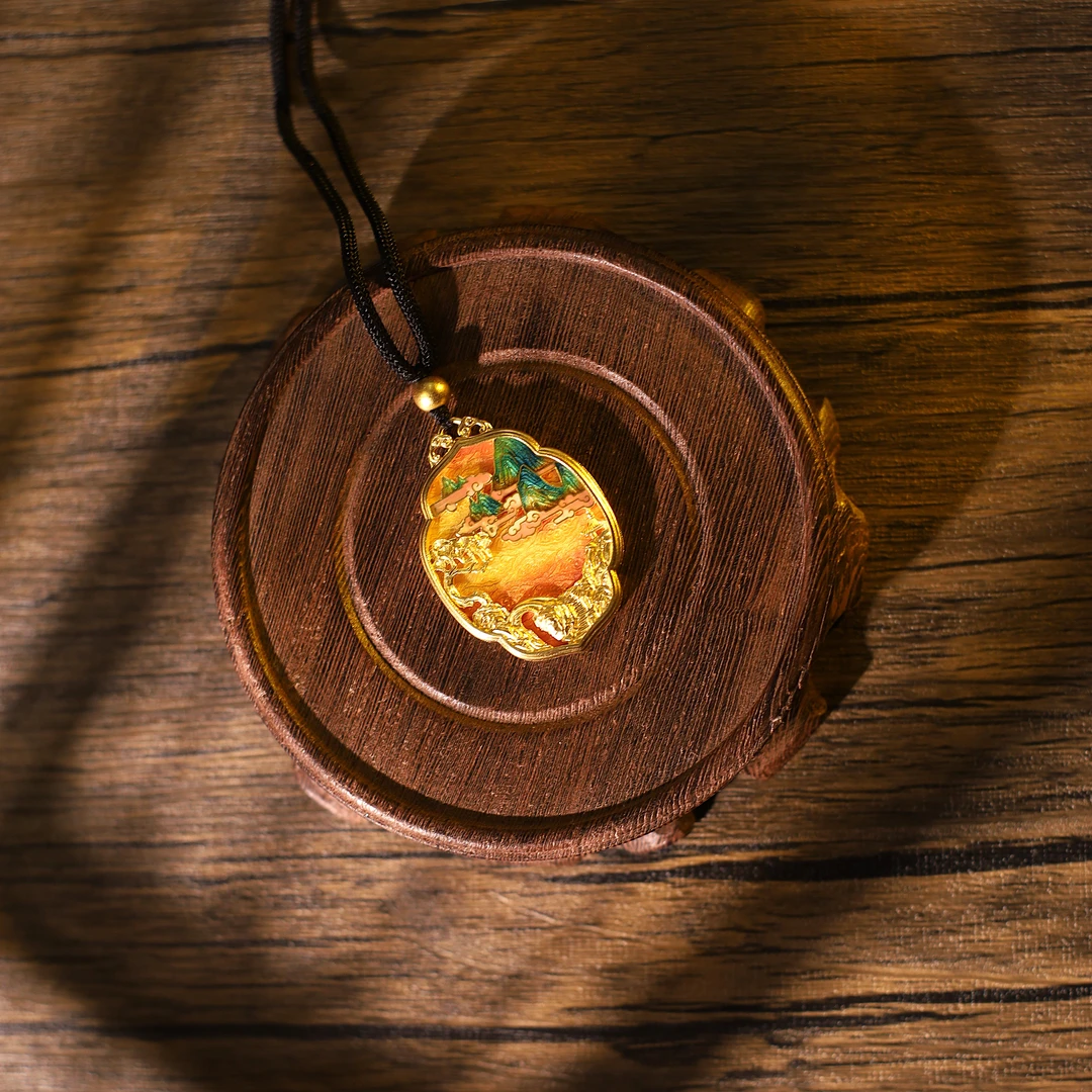 699/克【大好山河】古法金黄金拍平珐琅彩千里江山手工錾刻足金吊坠