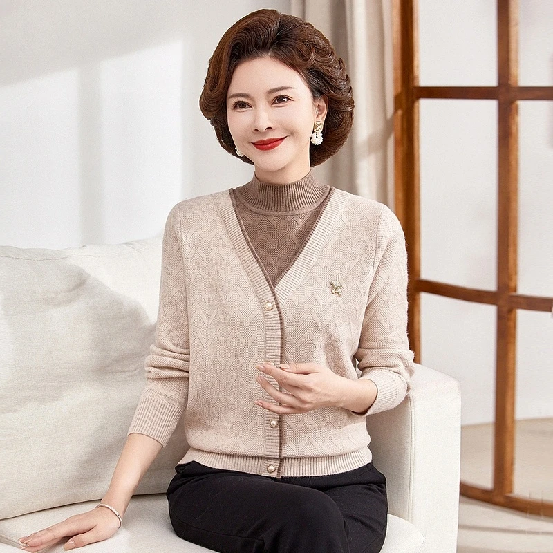 中老年毛衣妈妈装时尚加绒加厚保暖秋冬季假两件半高领打底针织衫