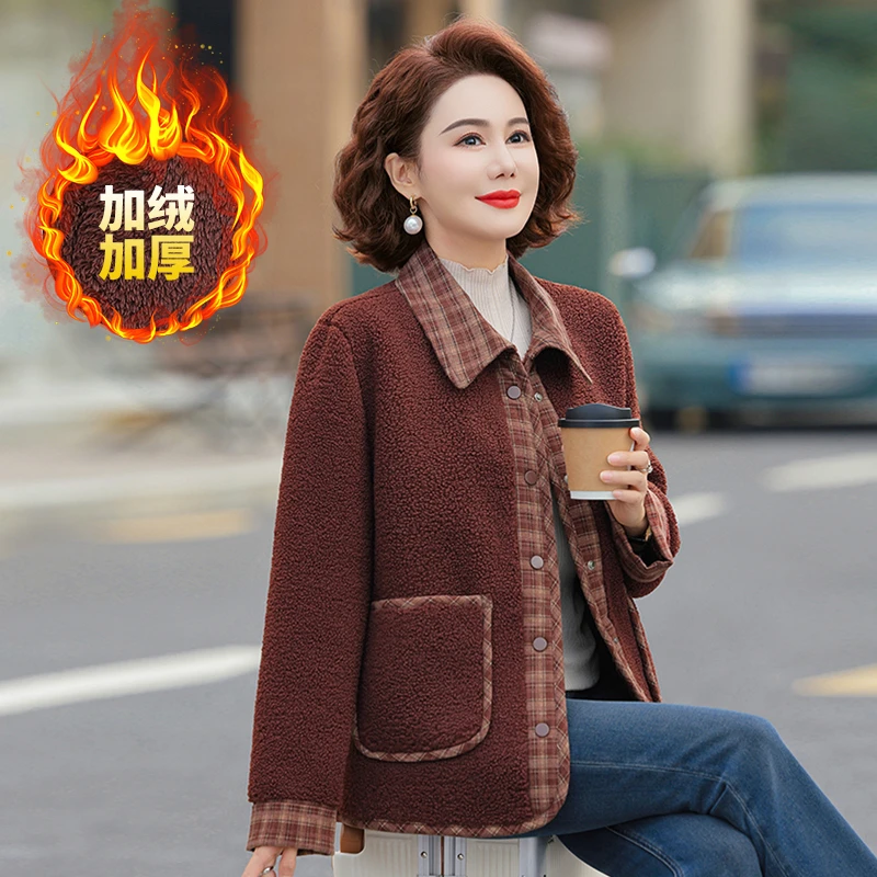 中老年妈妈装母亲时尚气质显瘦秋冬季加绒加厚毛呢外套宽松女装