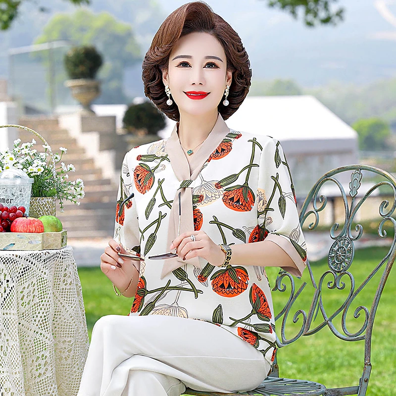 妈妈装夏季中年薄款时尚印花T恤中袖宽松洋气打底上衣服气质短袖