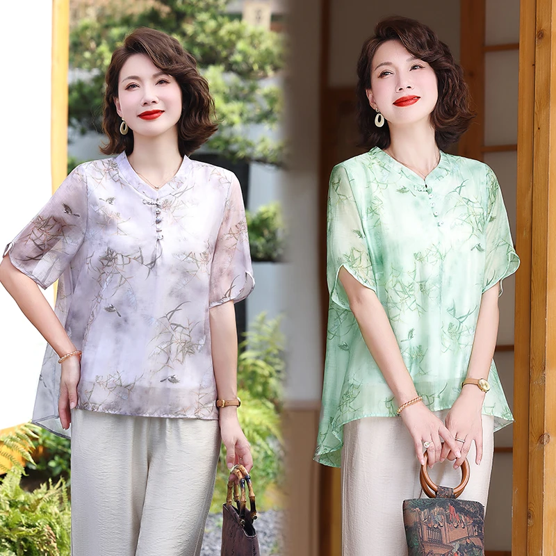 夏季时尚妈妈装中老年宽松洋气显瘦中式国风休闲气质短袖上衣中年