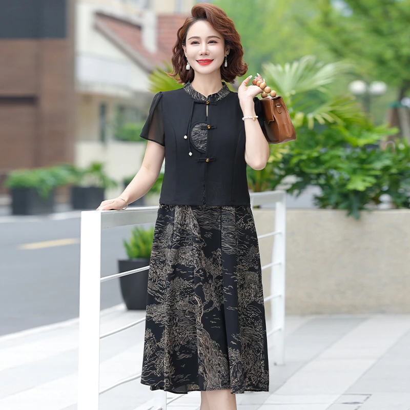 中老年妈妈装显瘦高贵气质连衣裙夏季时尚洋气短袖复古印花裙子