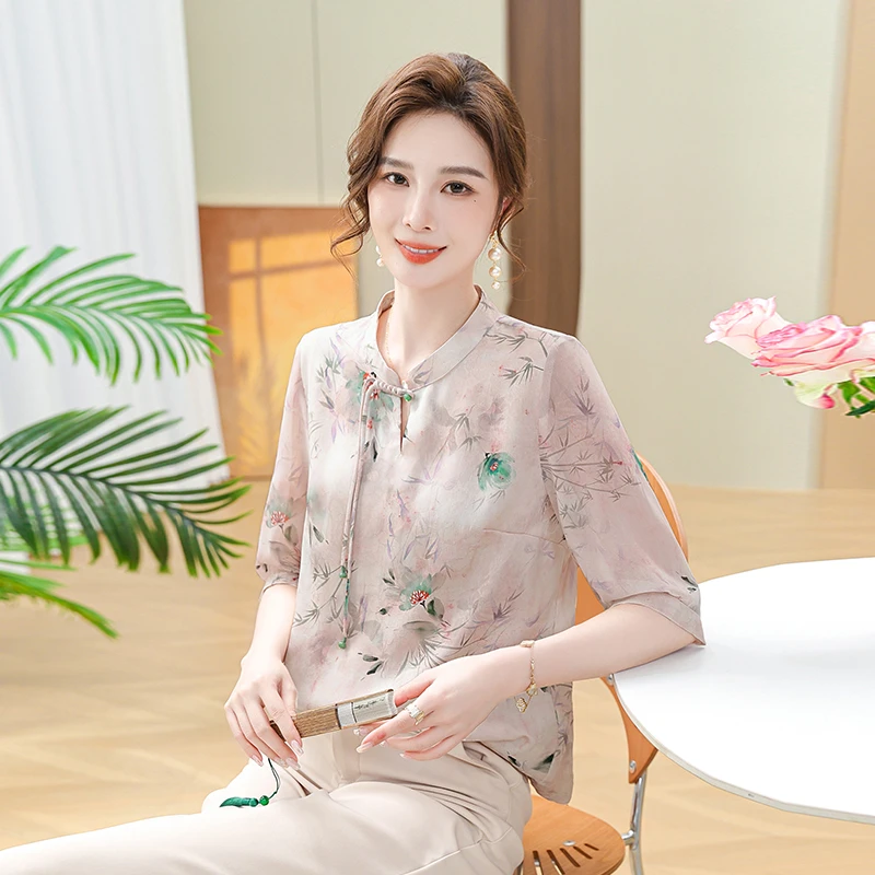 中年妈妈夏装中袖薄款上衣中老年女雪纺T恤小衫中式国风宽松短袖