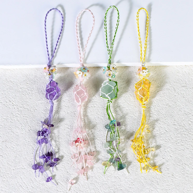 天然紫粉水晶挂饰原石钥匙扣手机挂件碎石包挂坠手工彩色编织批发