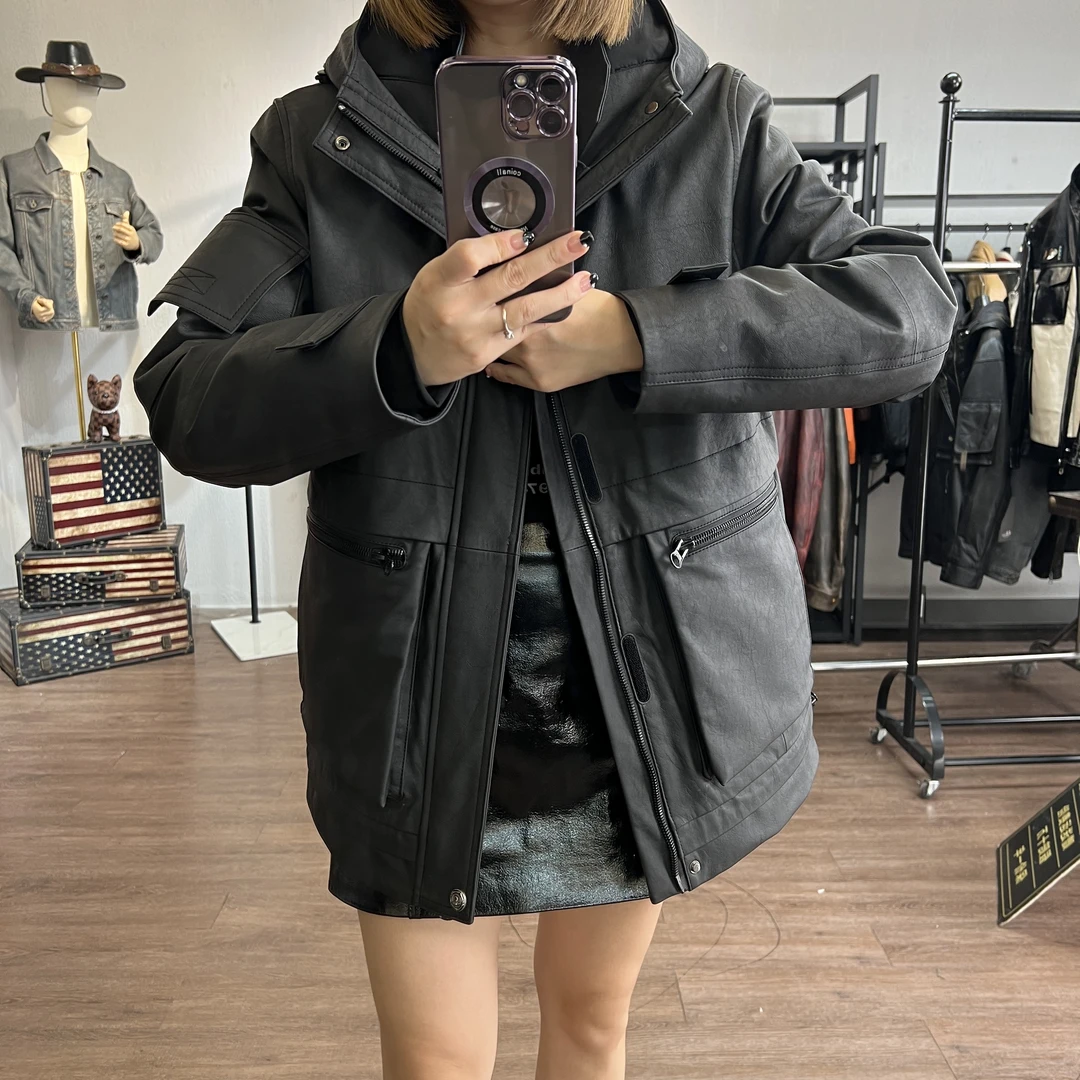 海宁真皮皮衣男士牛皮派克外套脱卸内胆秋冬中长帽款时尚休闲防风