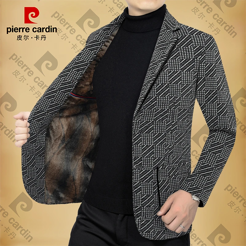 皮尔卡丹男士新款高档商务休闲加绒加厚西服秋冬季保暖男装外套潮