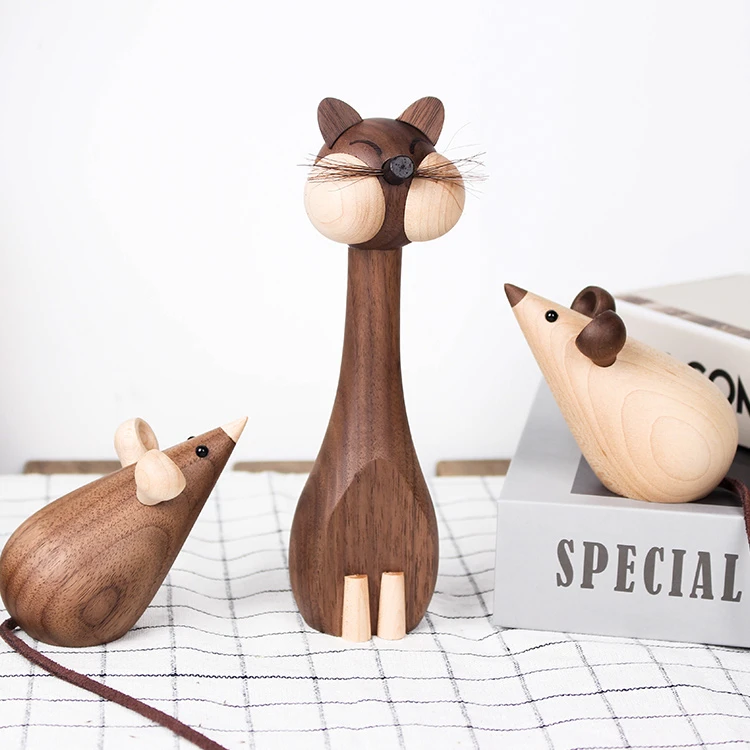 创意猫和老鼠摆件木制工艺品黑胡桃木北欧家居摆件书房装饰品礼物