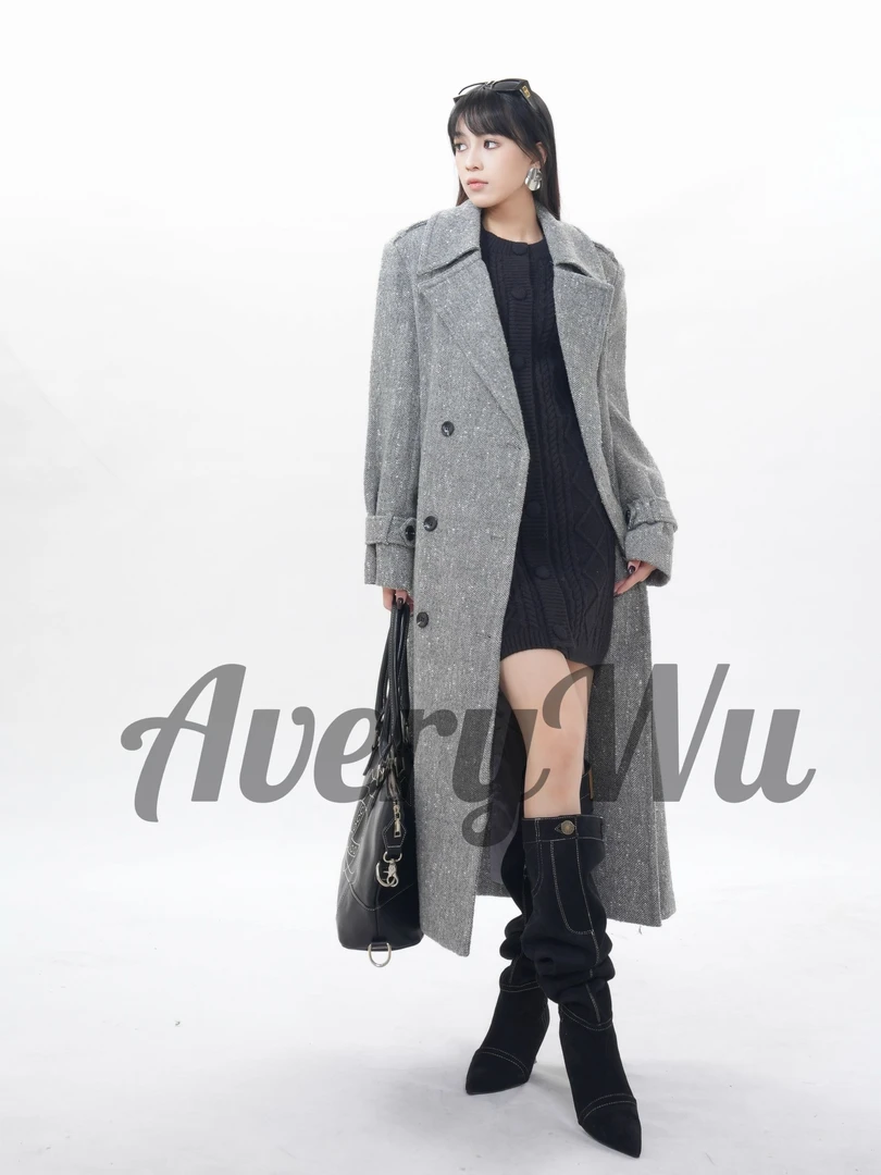 老吴的衣橱【春雾漫漫】长款人字纹灰色呢子外套女秋冬毛呢大衣W701