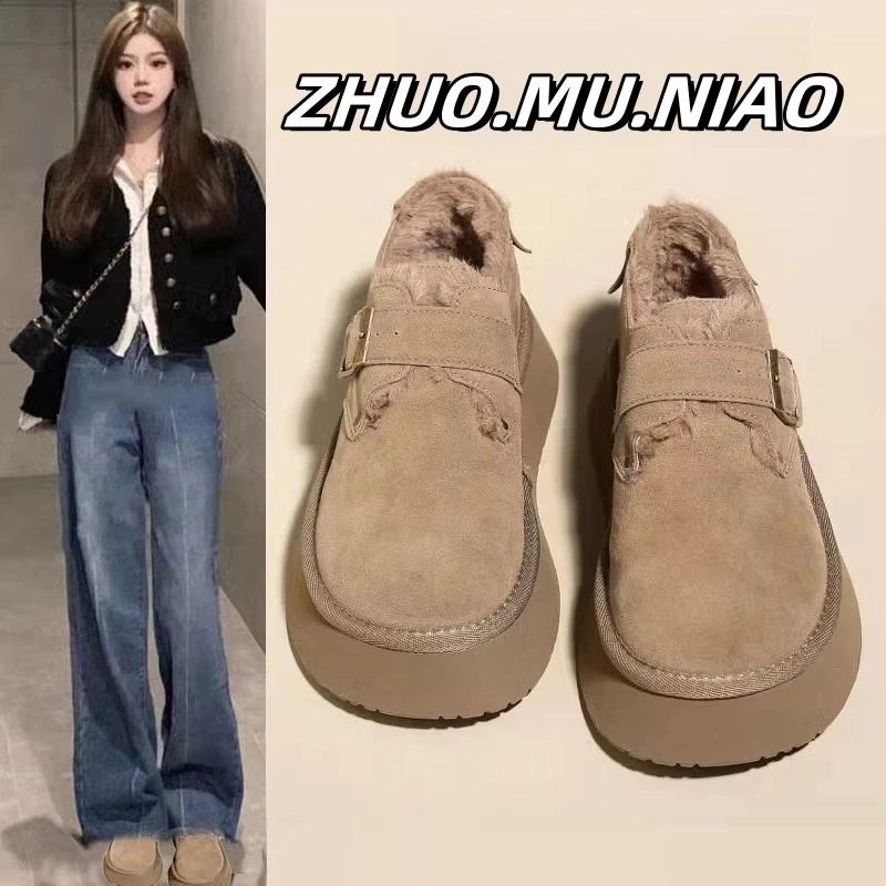 三福加绒勃肯鞋女秋冬季棉鞋2025年新款一脚蹬乐福鞋雅丹风棉鞋女