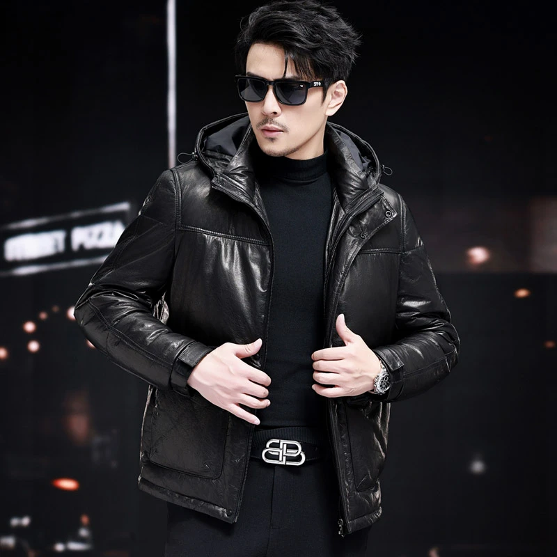 5601男士真皮皮衣羽绒服短款连帽皮夹克头层牛皮外套时尚加绒修身