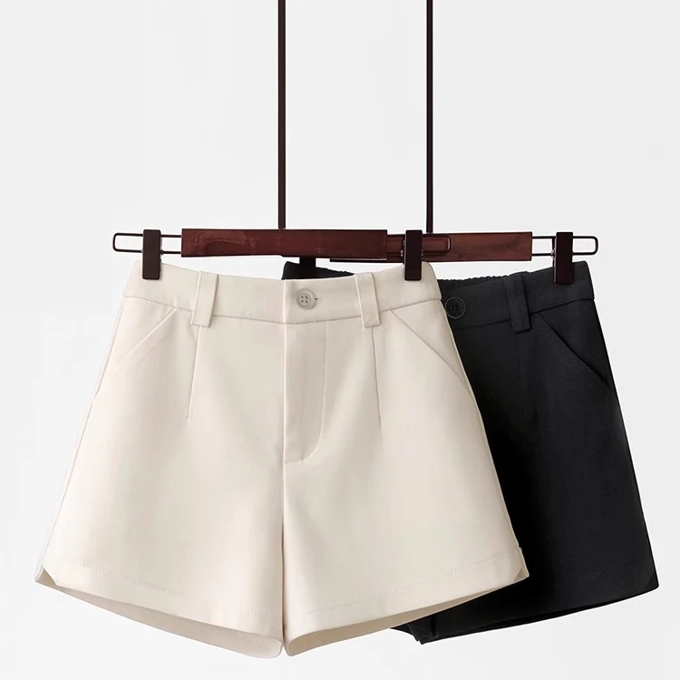 2024春夏新款杏色松紧腰短裤高腰阔腿黑色a字西装裤纽扣休闲裤子
