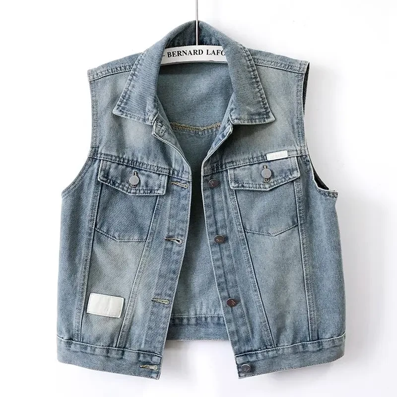 港风白贴皮时尚牛仔马甲女士春秋夏季新款坎肩马夹背心配衬衫短款