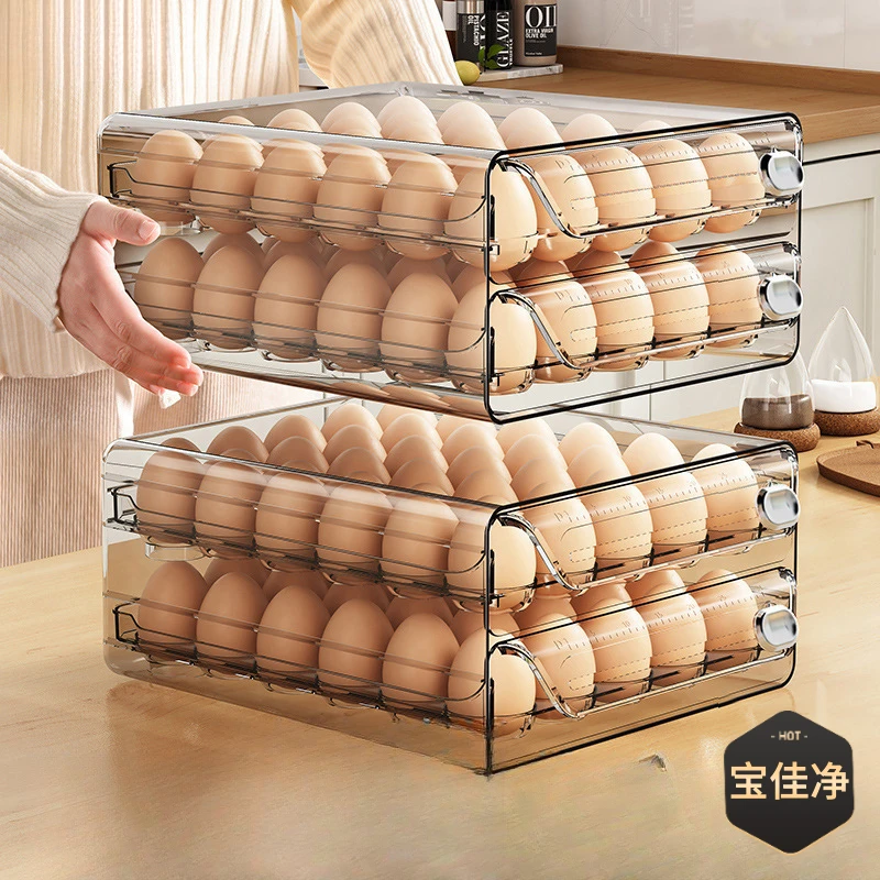 双层鸡蛋收纳盒新款厨房冰箱鸡蛋保鲜盒PET计时鸡蛋盒抽屉式蛋托