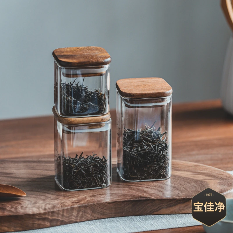 小容量迷你民宿茶叶罐方形木盖玻璃储物罐五谷杂粮咖啡密封收纳罐