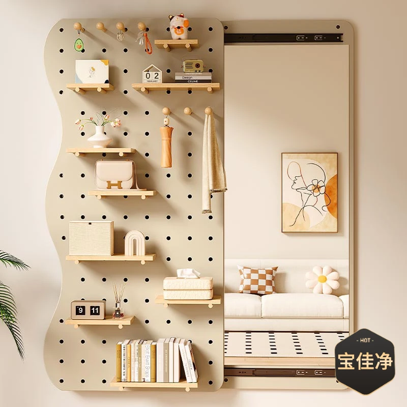 实木洞洞板穿衣镜一体入户玄关带镜子收纳置物架墙面壁墙上全身镜