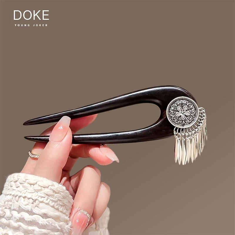 【巧儿专属】新中式花朵发簪U型黑檀木发簪女古风头饰挽发汉服配饰